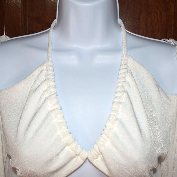 Gab & Kate White Off Shoulder Blouse Medium Tie Front Sexy V Neck Top - Picture 12 of 12